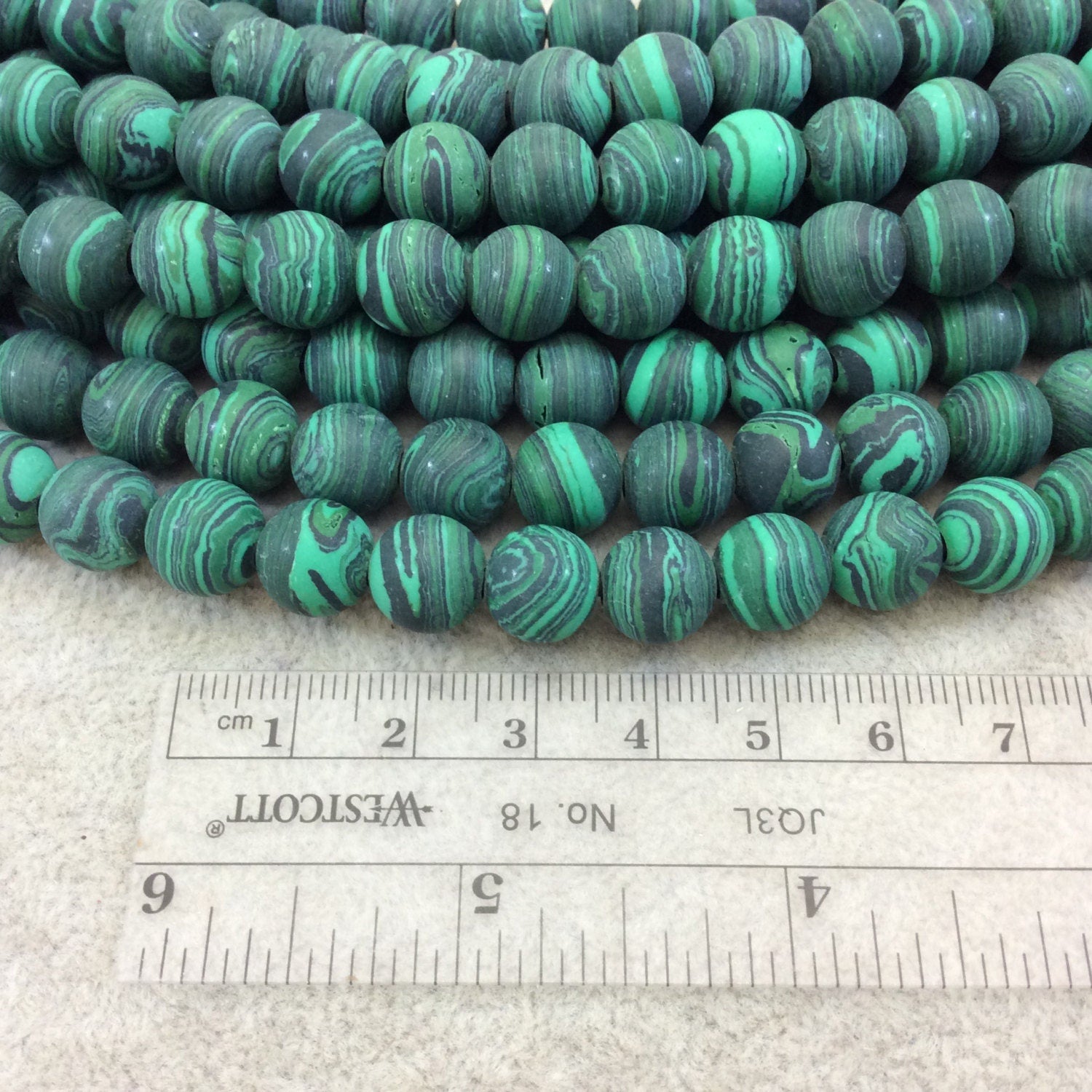 10mm Synthetic Malachite (Manmade) Matte Finish Round/Ball Shape Beads with 2.5mm Holes - 7.75" Strand (Approx. 20 Beads) - LARGE HOLE BEADS