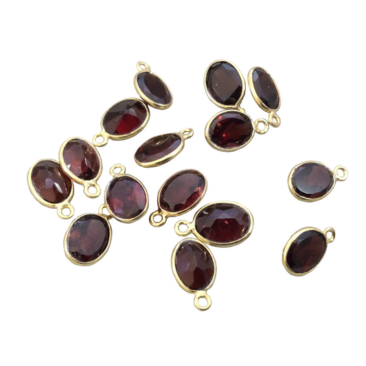 Deep Red Garnet Bezel | BULK LOT - Pack of Six (6) Gold Vermeil Pointed Cut Stone Faceted Oblong Oval Shaped Pendants - Measuring 6mm x 8mm