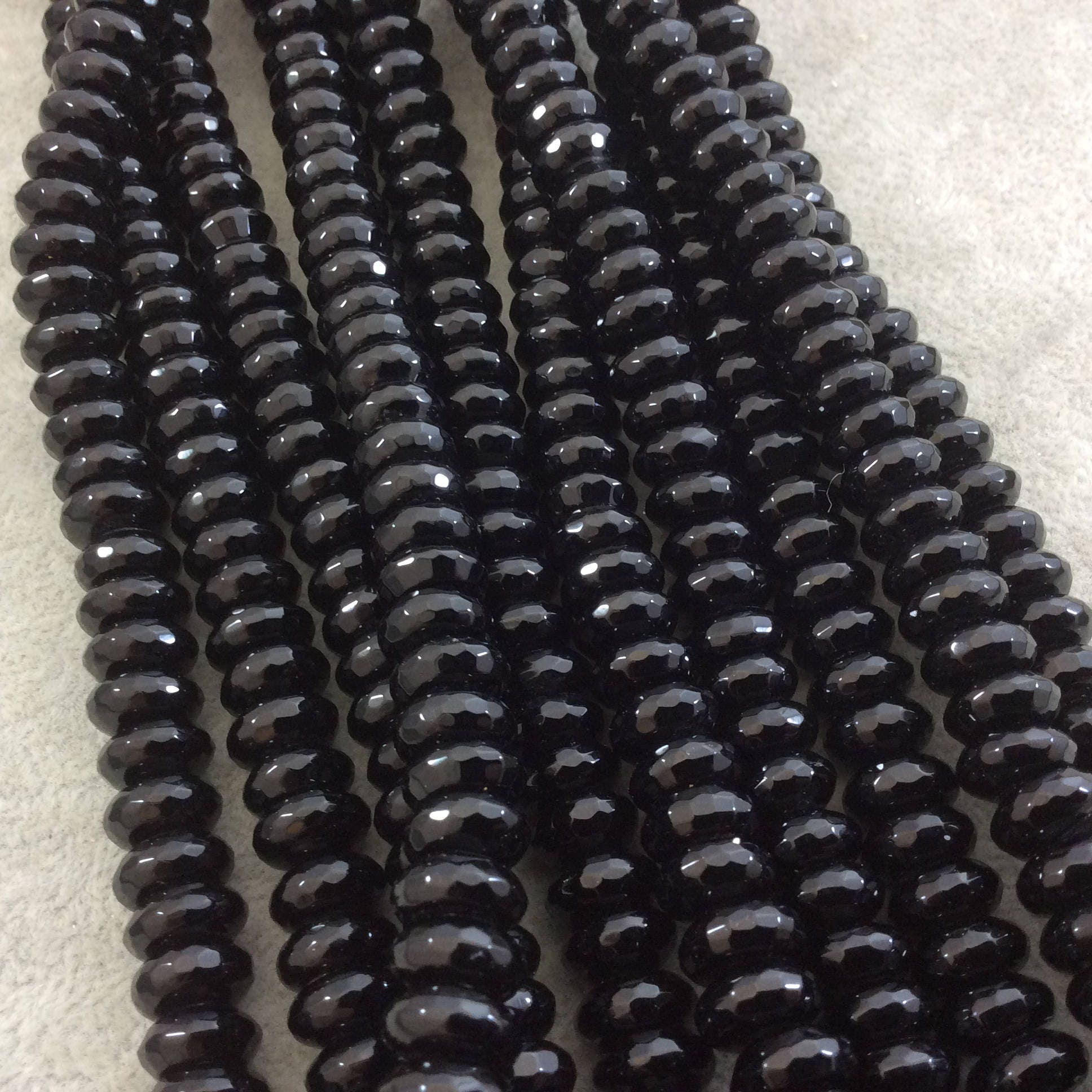 5mm x 10mm Faceted Glossy Finish Natural Jet Black Agate Rondelle Shaped Beads with 1mm Holes - Sold by 15.75" Strands (Approx. 77 Beads)