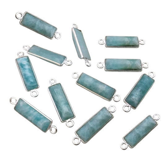 Sterling Silver Faceted Cut Stone Rectangle Shaped Natural Blue/Green Amazonite Bezel Connector - Measuring 5mm x 15mm - Sold Per Piece