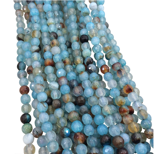 6mm Faceted Mixed Pale Blue/Brown Agate Round/Ball Shaped Beads - 15.5" Strand (Approximately 64 Beads) - Natural Semi-Precious Gemstone