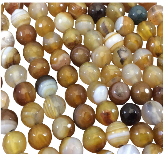 8mm Natural Mixed Yellow/Brown Agate Faceted Glossy Round/Ball Shape Beads W 1.5mm Holes - 7.5" Strand (Approx. 24 Beads) - LARGE HOLE BEADS