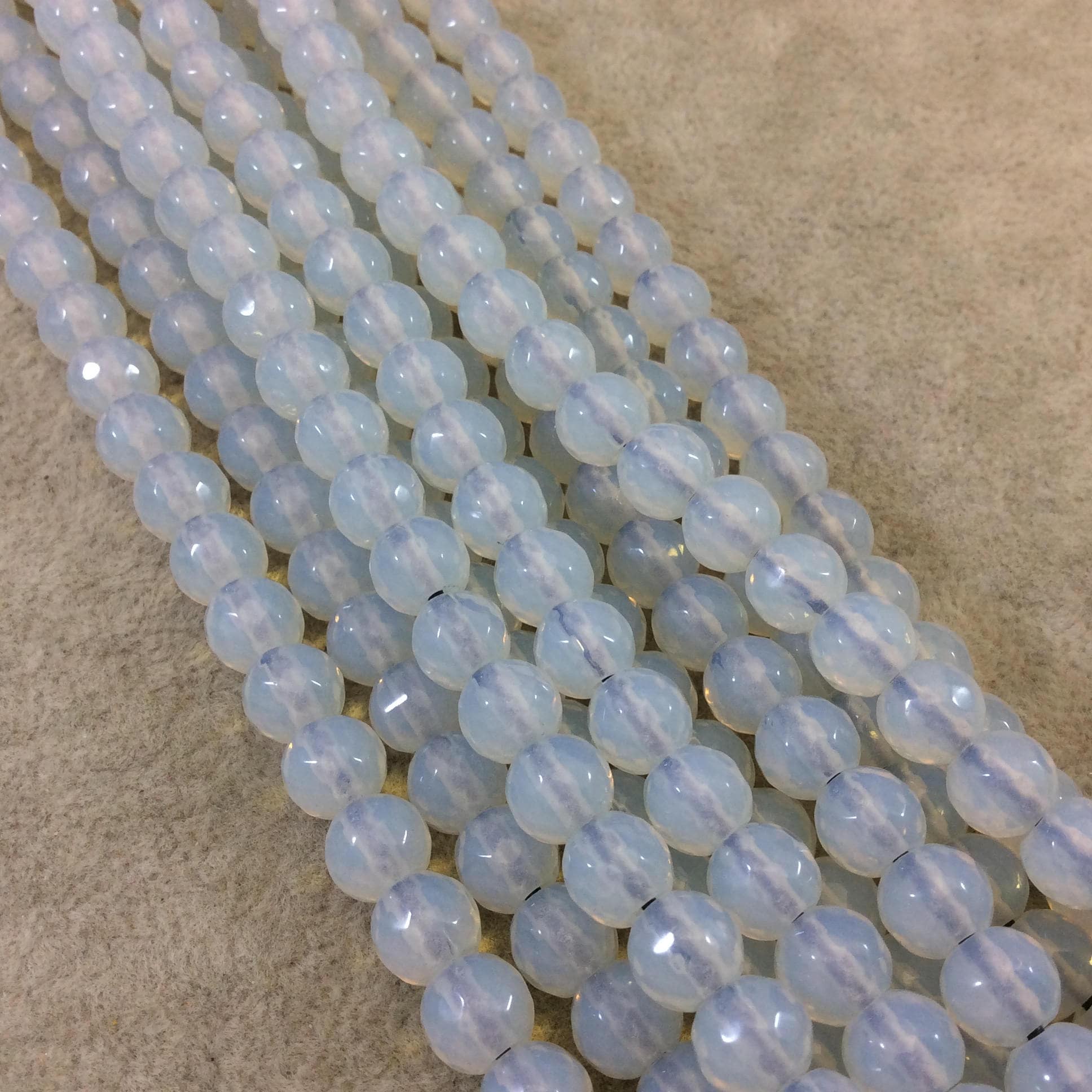 8mm Natural Milky White Opalite Faceted Glossy Round/Ball Shaped Beads With 1.5mm Holes - 7.5" Strand (Approx. 27 Beads) - LARGE HOLE BEADS