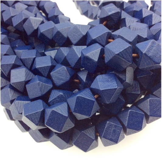 12mm Navy Blue Colored Natural Wooden Faceted/Step Cut Shaped Beads with 2mm Holes - Sold by 14.5" Strands (Approx. 32 Beads)