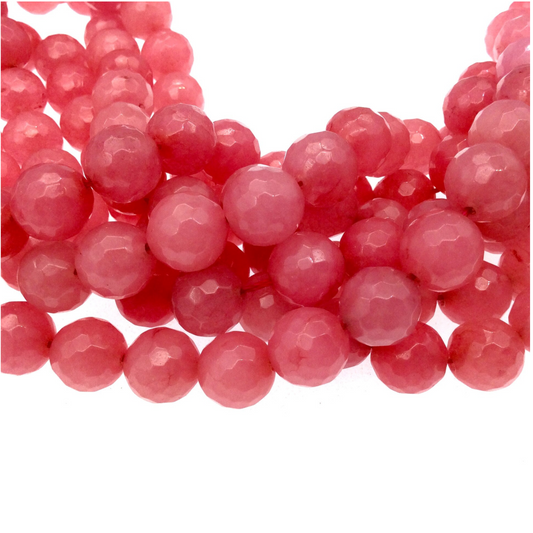 10mm Faceted Dyed Punch Pink Natural Jade Round/Ball Shape Beads - Sold by 15" Strands