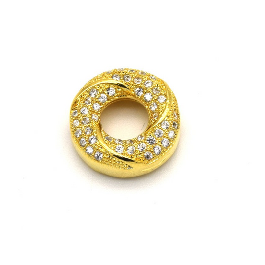 13mm x 13mm Gold Plated Cubic Zirconia Encrusted/Inlaid Swirled Donut/Ring Shaped Bead