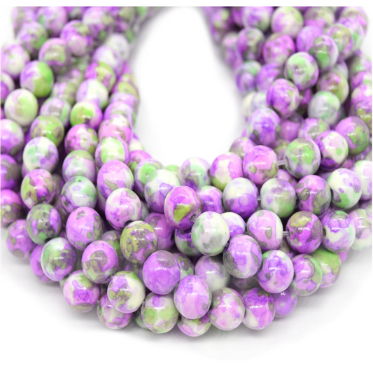 Dyed Mottled Jade Beads | Dyed Light Purple Green and White Round Gemstone Beads - 8mm 10mm 12mm Available