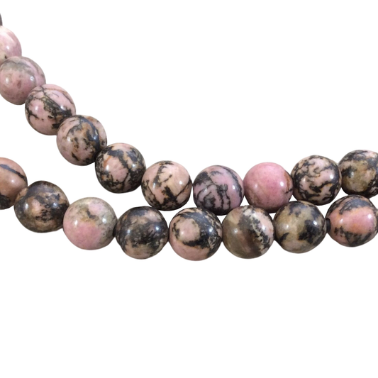 10mm Natural Dendritic Rhodonite Smooth Finish Round/Ball Shaped Beads with 2.5mm Holes - 7.75" Strand (Approx. 20 Beads) - LARGE HOLE BEADS