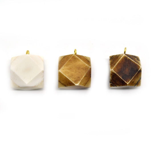 Bone Pendant | Thick Faceted Square Natural Ox Bone Pendants | 22mm x 22mm