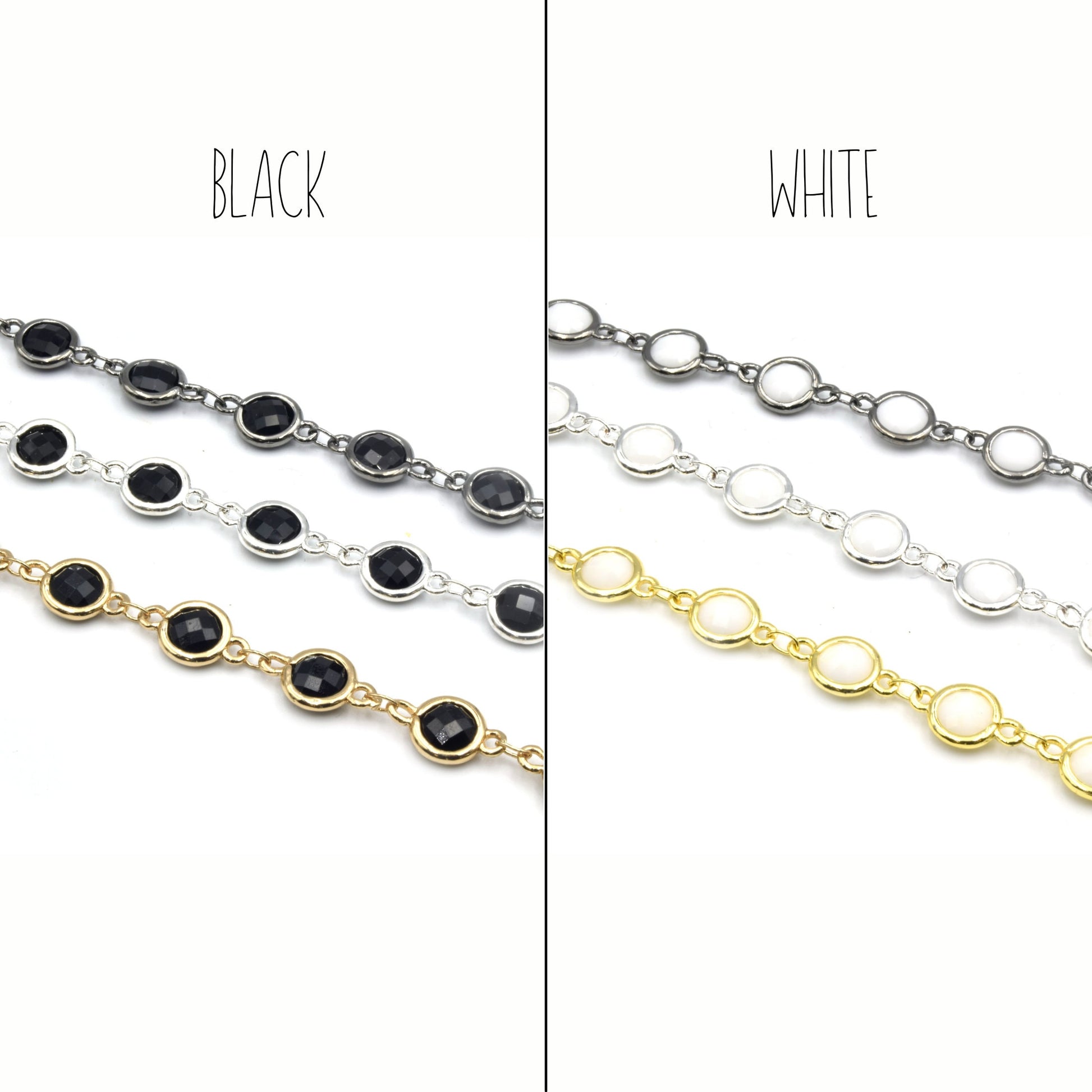 Link Chain | 6mm Crystal Bezel Rosary Link Chain in Gold, Silver, Gunmetal | Round Chain