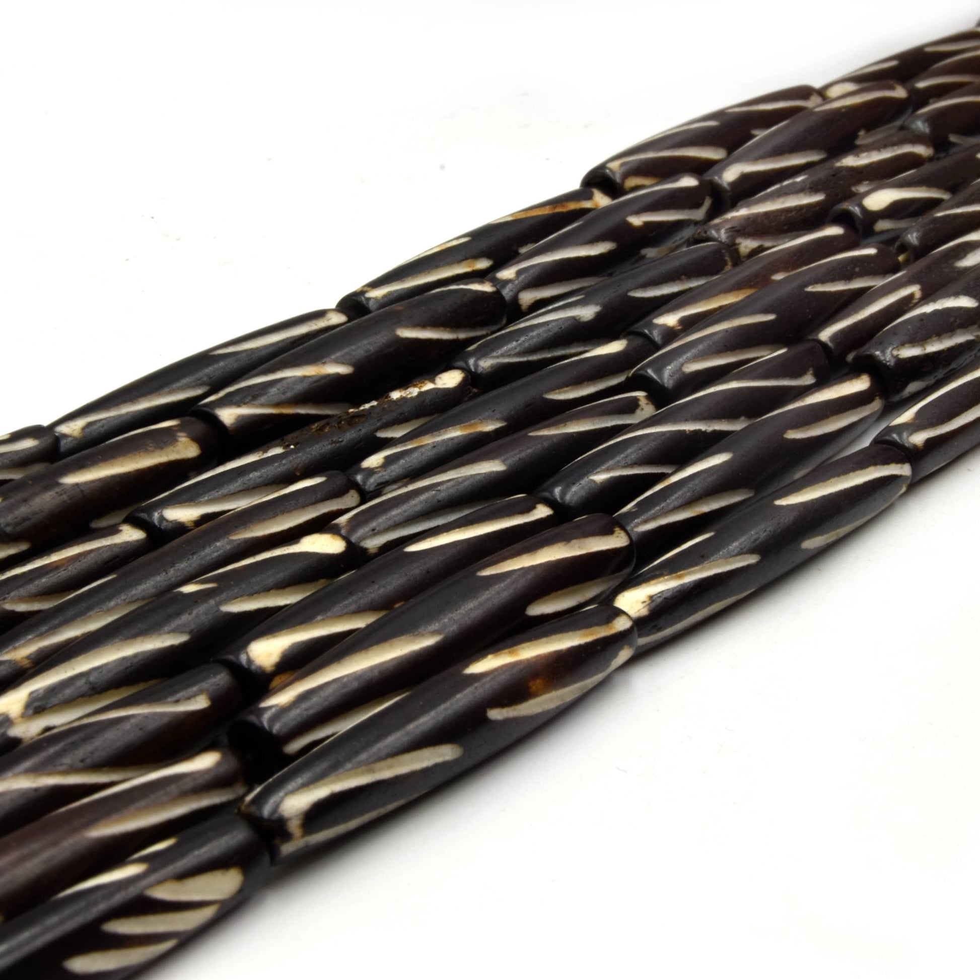 Carved Ox Bone Tube Beads | Medium Brown Dark Brown