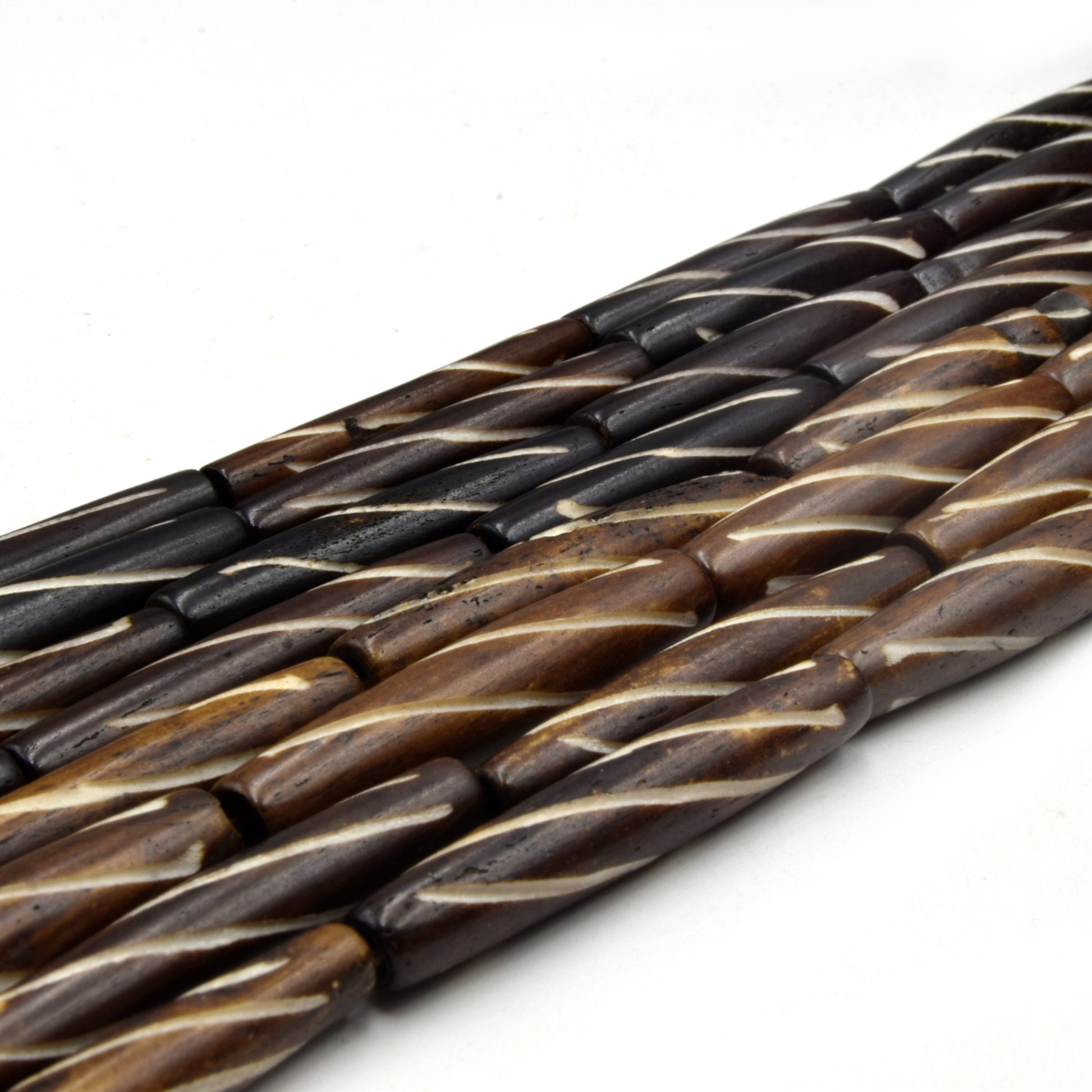 Carved Ox Bone Tube Beads | Medium Brown Dark Brown