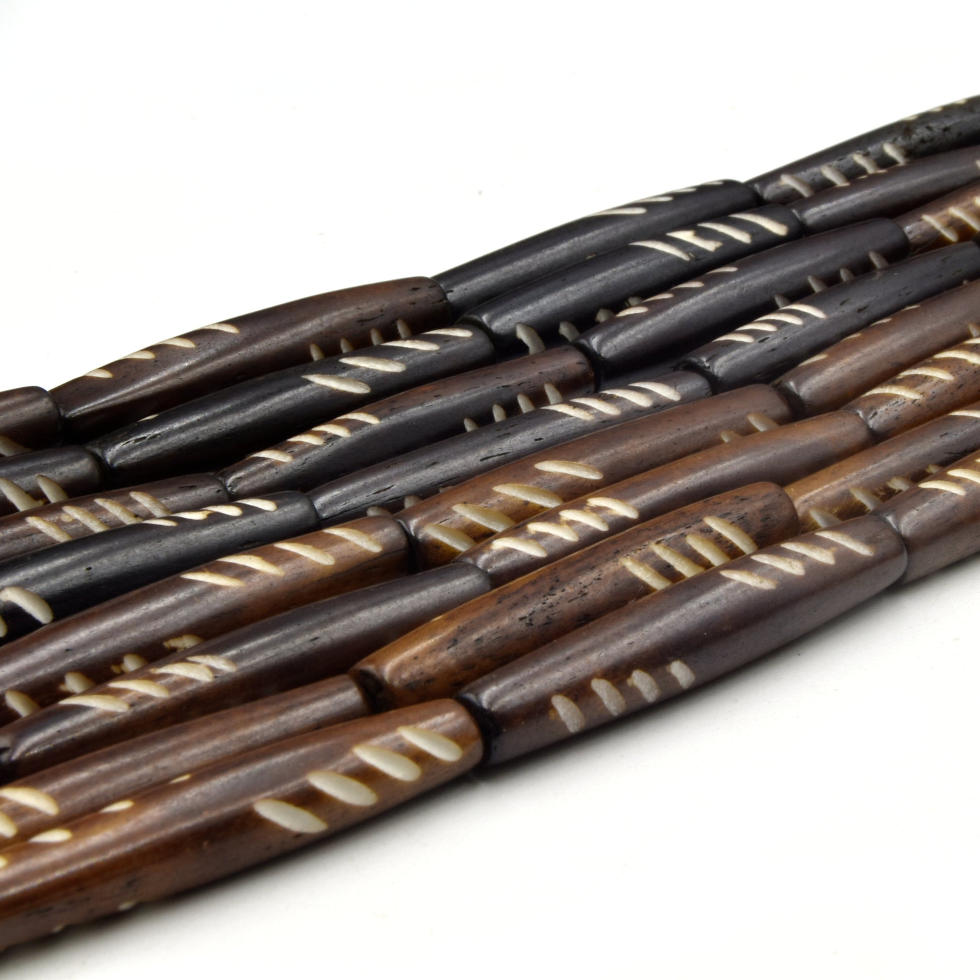 Carved Ox Bone Tube Beads | Medium Brown Dark Brown