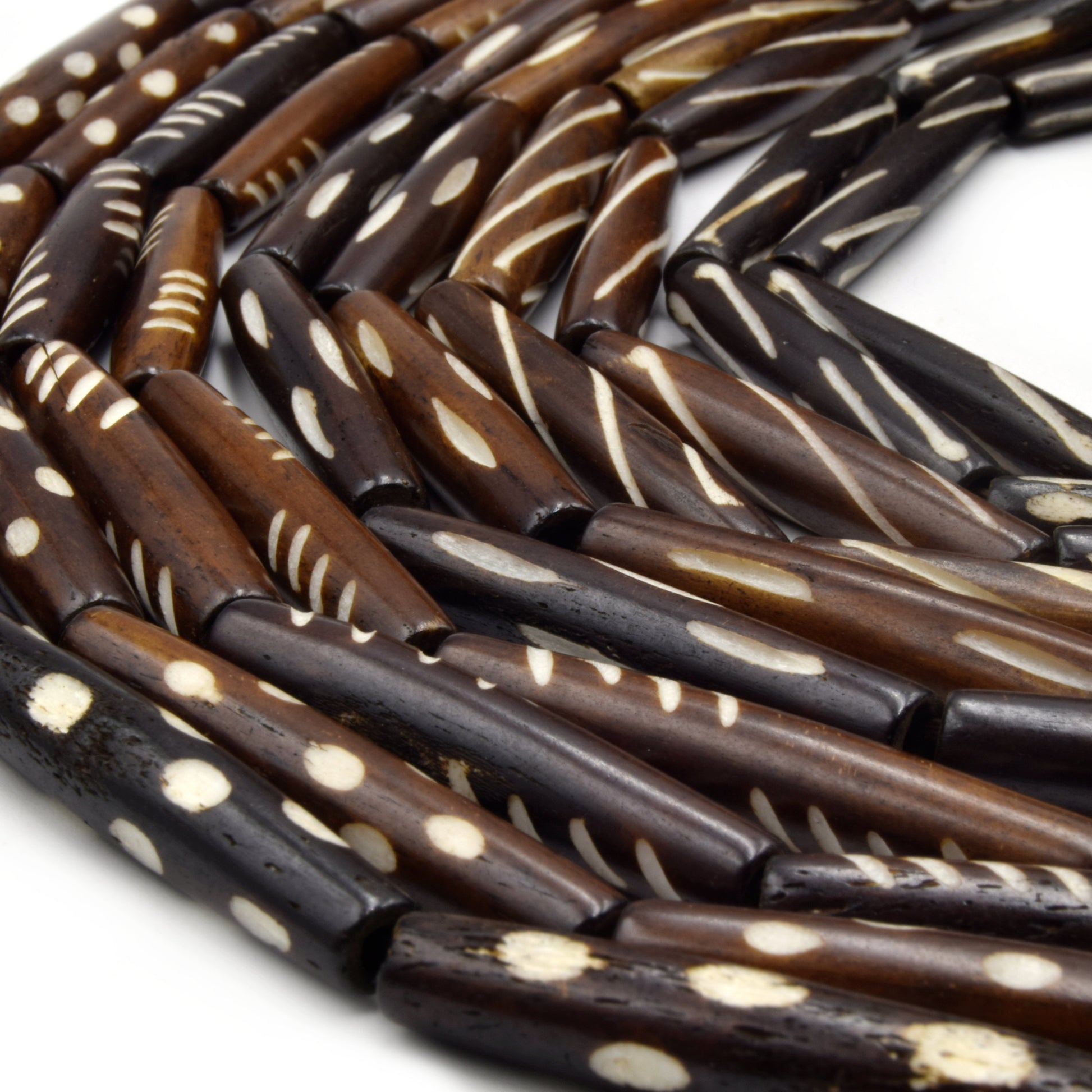 Carved Ox Bone Tube Beads | Medium Brown Dark Brown