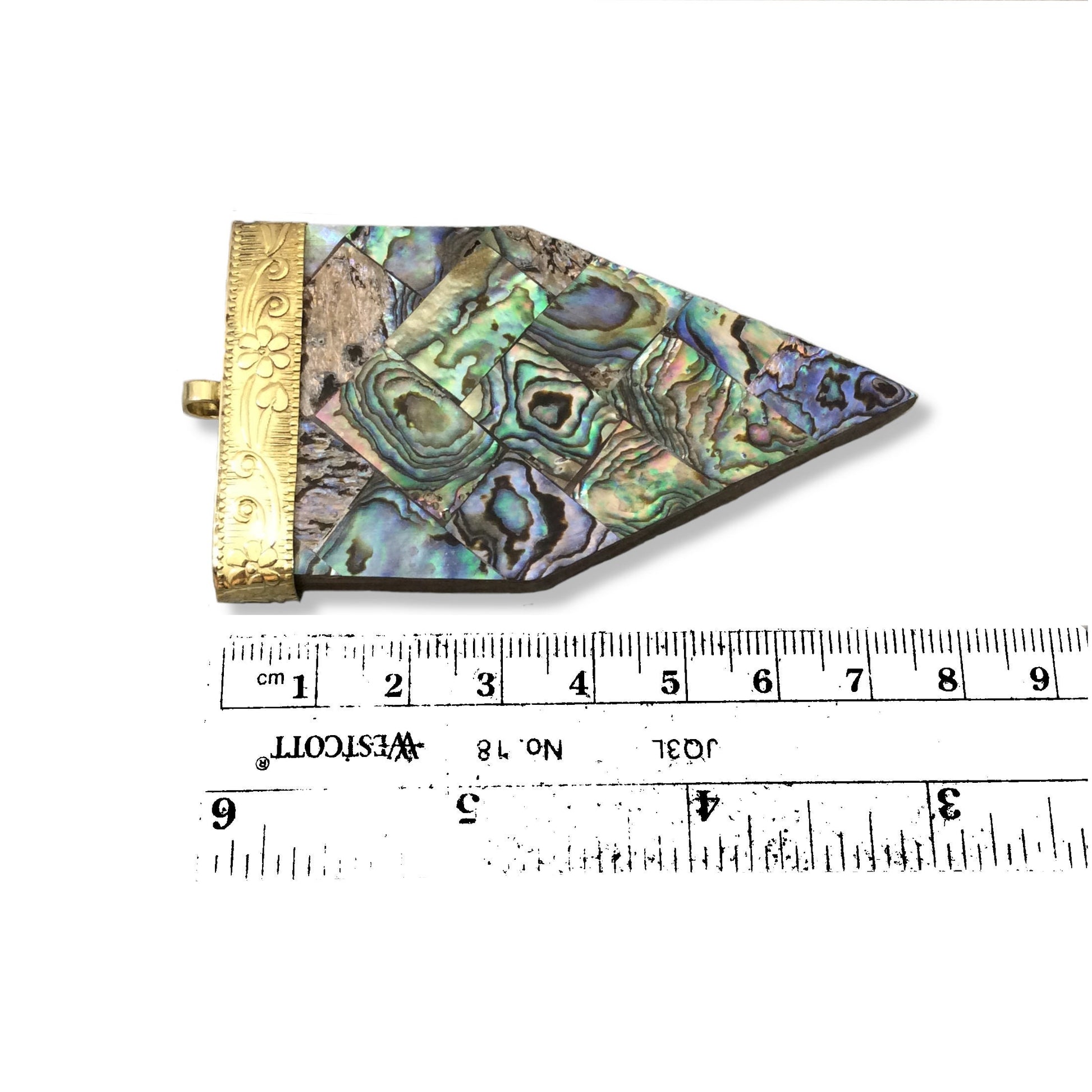 3" Iridescent Rainbow Chevron Arrow Shaped Brown Wooden Pendant with Natural Abalone Shell Overlay - Measuring 44mm x 80mm