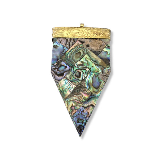 3" Iridescent Rainbow Chevron Arrow Shaped Brown Wooden Pendant with Natural Abalone Shell Overlay - Measuring 44mm x 80mm