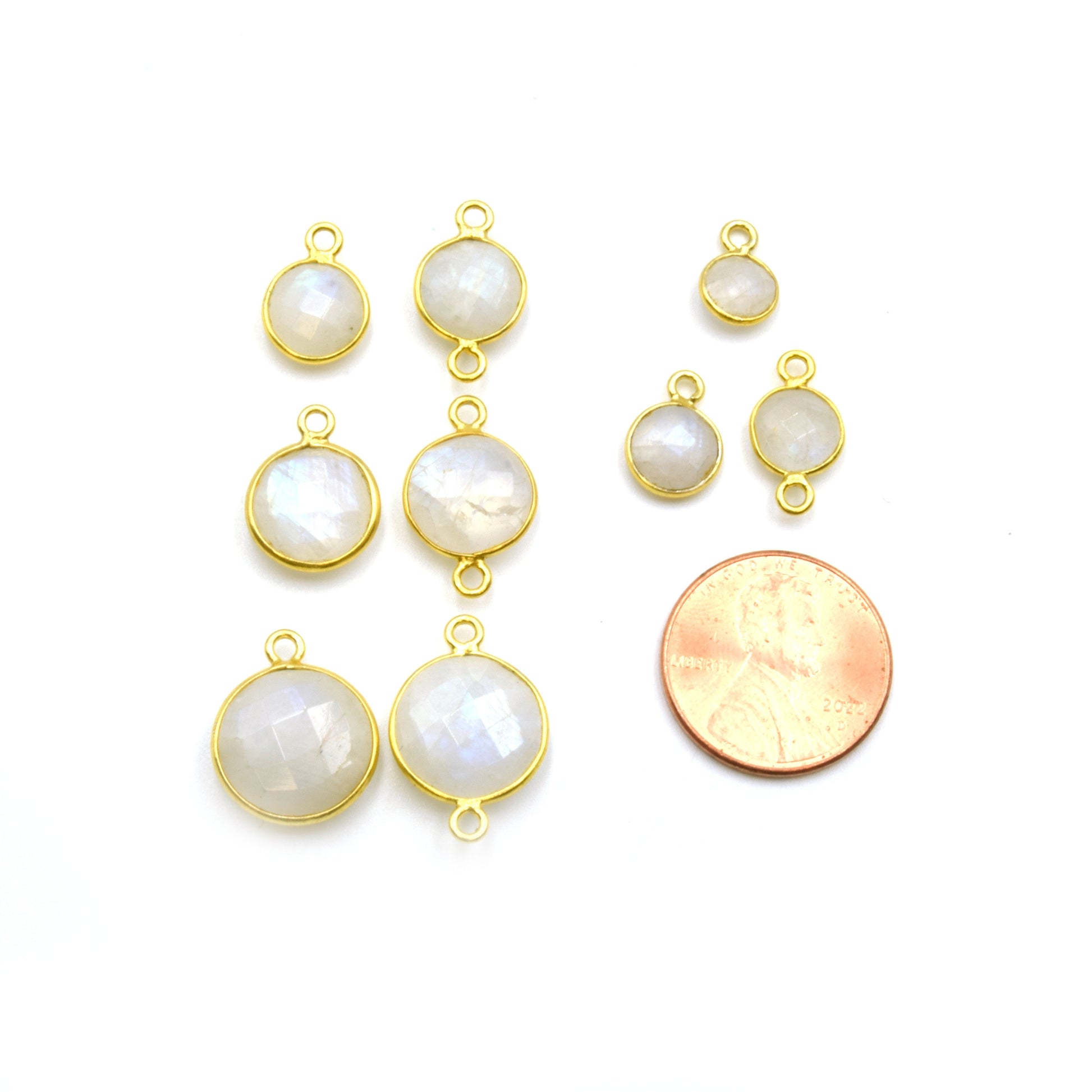 14k Gold Vermeil Round Moonstone Bezels - Pendants and Connectors for Permanent Jewelry - Non Tarnish Charms