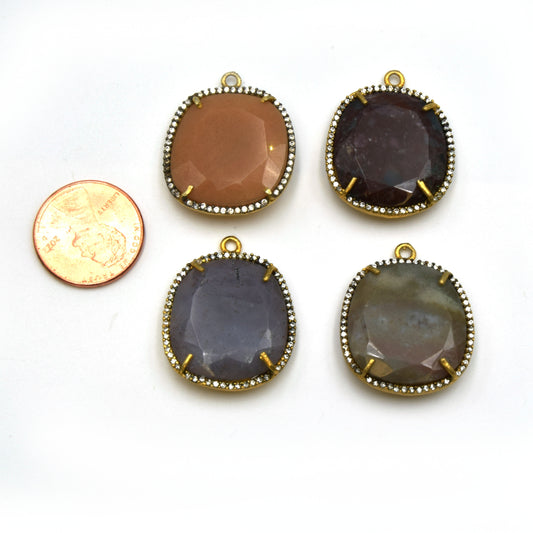 Agate Bezel | Gold Finish CZ Cubic Zirconia Rimmed Faceted Natural Wide Oval Shaped Pendant - Measures 22.5mm x 24mm - Sold Individually