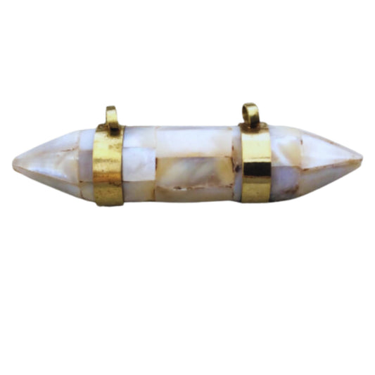 3" Iridescent White/Ivory Natural Abalone Shell Double Ended Pointed Spike Pendant with Gold Bails - Measuring 80mm x 18mm