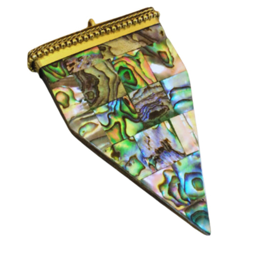 3" Iridescent Rainbow Flat Double Sided Arrow Shaped Brown Wooden Pendant with Natural Abalone Shell - Measuring 48mm x 79mm