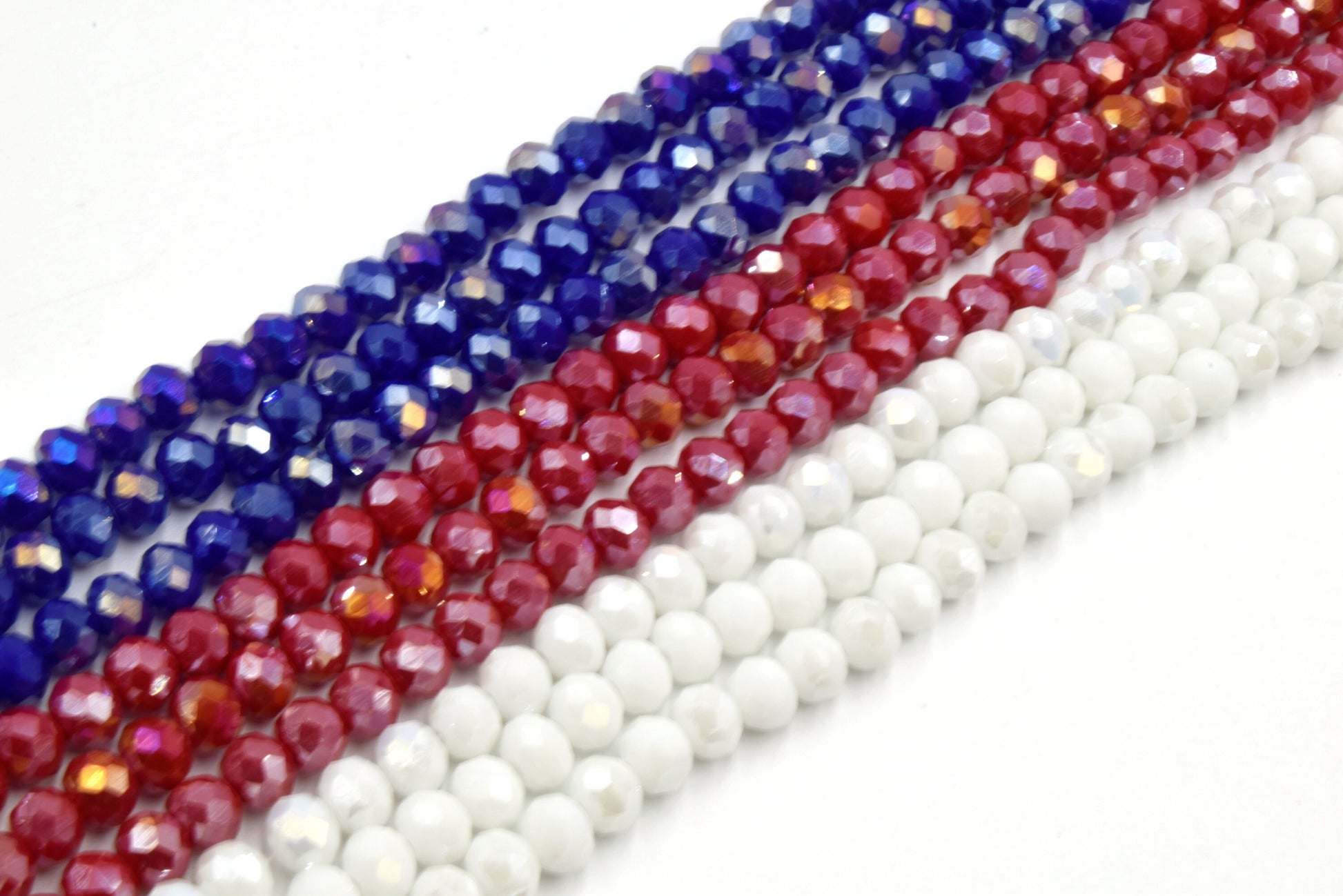 Chinese Crystal Beads | Faceted AB Opaque Rondelle Shaped Crystal Beads | Red, White and Blue