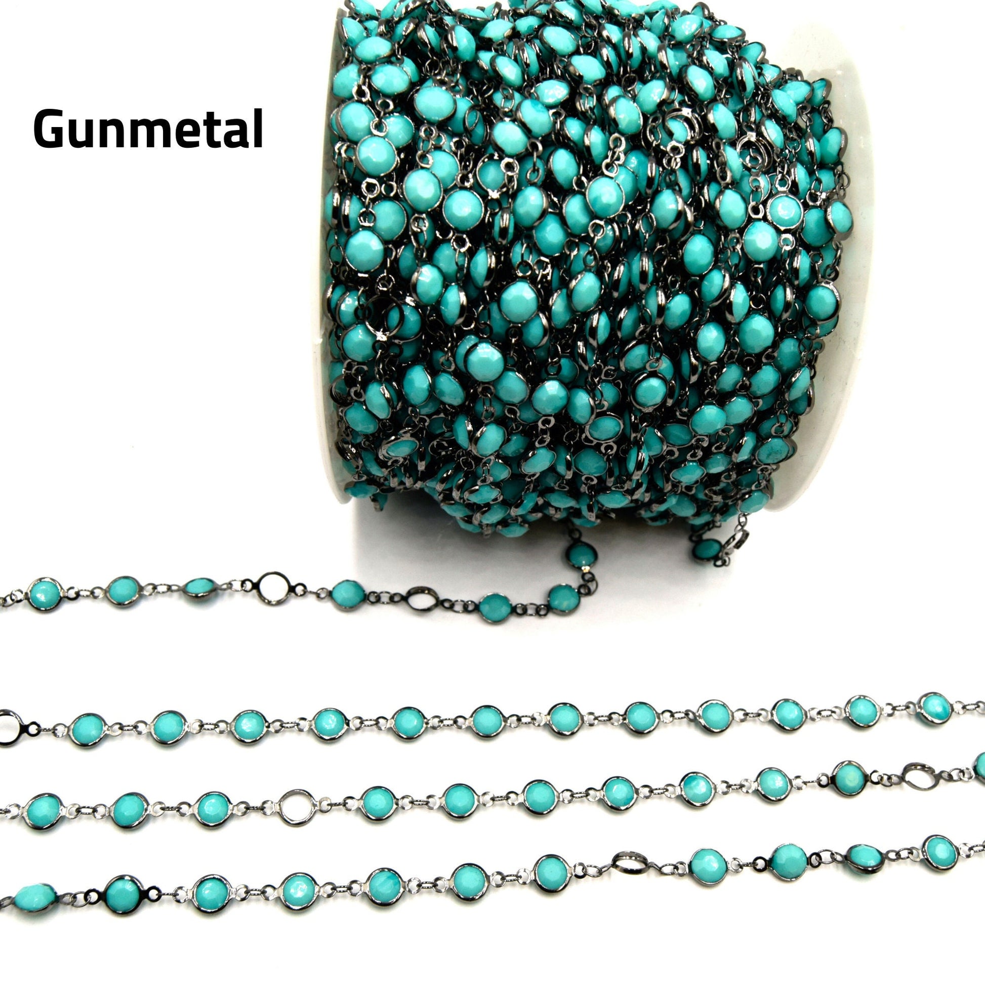 Bezel Link Rosary Chain l Gunmetal plated l 6mm Faceted Turquoise Round Bezels - Sold by 1' Cut Sections