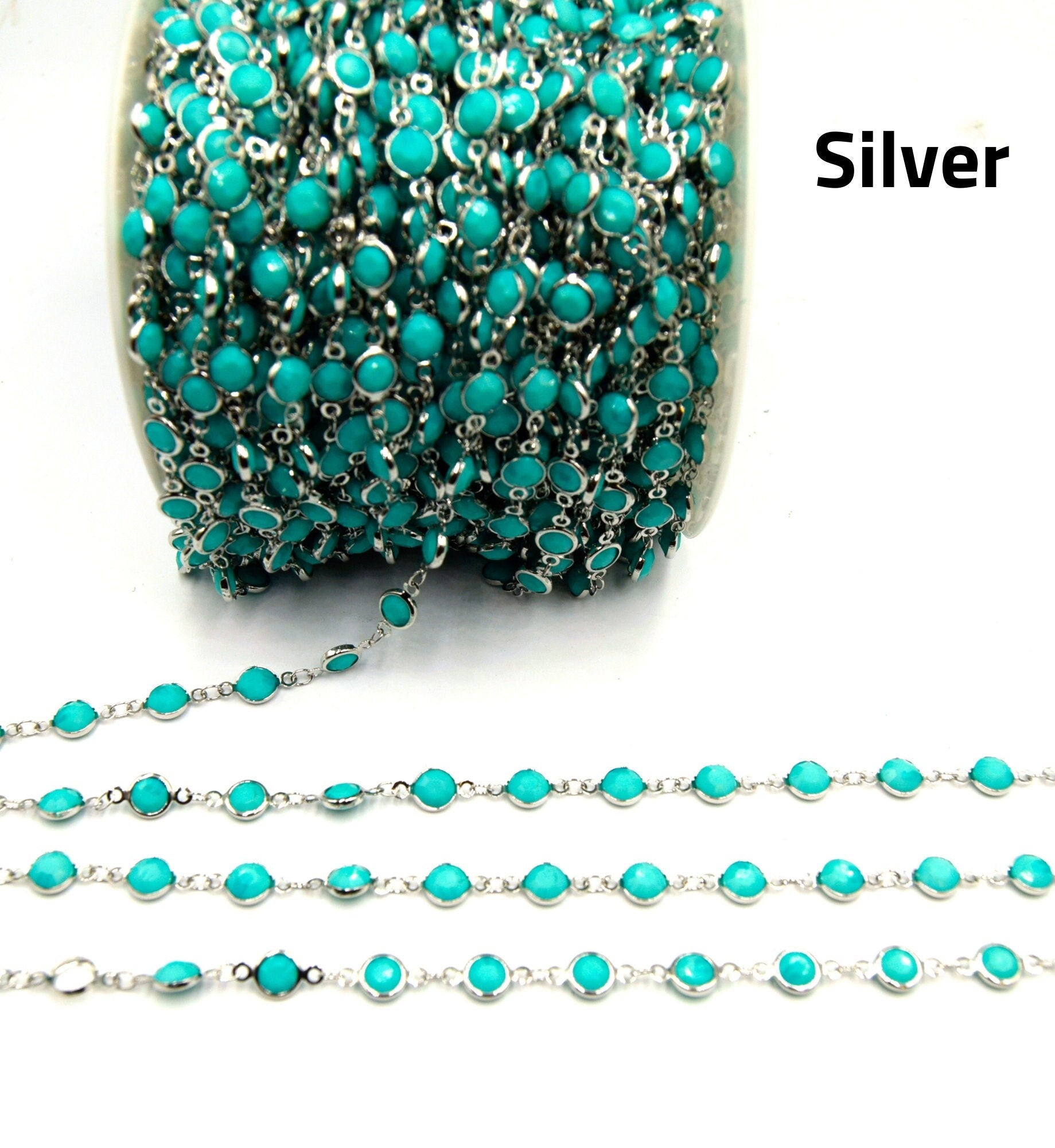 Bezel Link Rosary Chain l Gunmetal plated l 6mm Faceted Turquoise Round Bezels - Sold by 1' Cut Sections