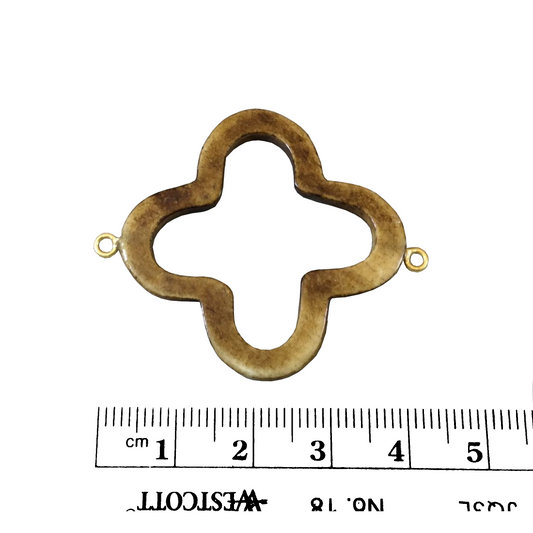 Warm Brown Open Quatrefoil Shaped Natural Carved Bone Focal Connector with Attached Gold Suspension Rings - Measuring 39mm x 39mm, Approx.