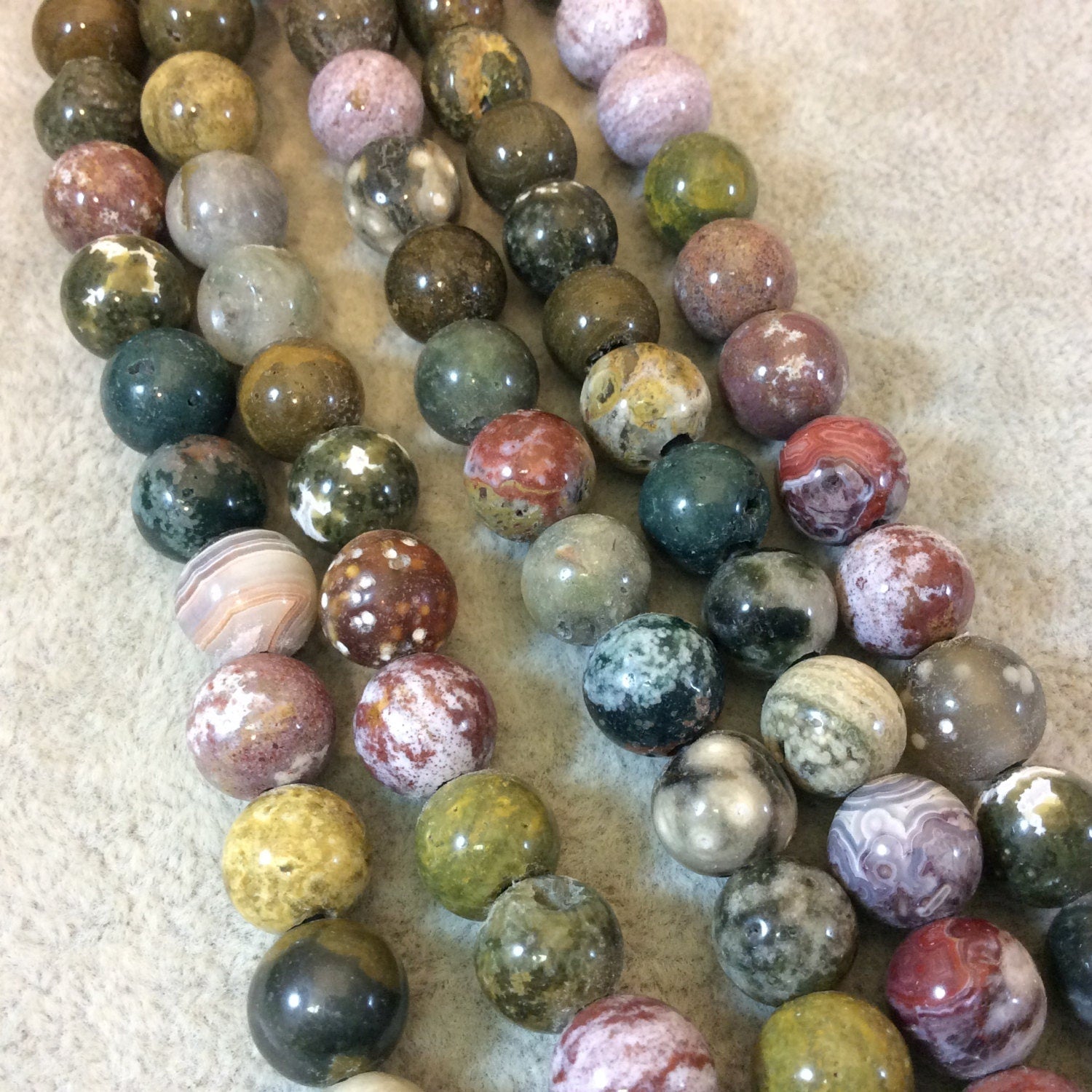 10mm Natural Ocean Jasper Smooth Finish Round/Ball Shaped Beads with 2.5mm Holes - 7.75" Strand (Approx. 20 Beads) - LARGE HOLE BEADS