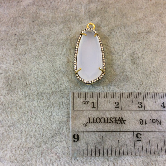 White Agate Bezel | Gold Finish CZ Cubic Zirconia Rimmed Faceted Natural Long Oval Shaped Pendant - Measures 13mm x 21mm