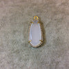 White Agate Bezel | Gold Finish CZ Cubic Zirconia Rimmed Faceted Natural Long Oval Shaped Pendant - Measures 13mm x 21mm