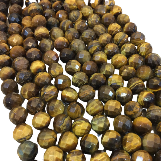 10mm Natural Brown Tiger Eye Faceted Round/Ball Shaped Beads with 2.5mm Holes - 7.75" Strand (Approx. 20 Beads) - LARGE HOLE BEADS