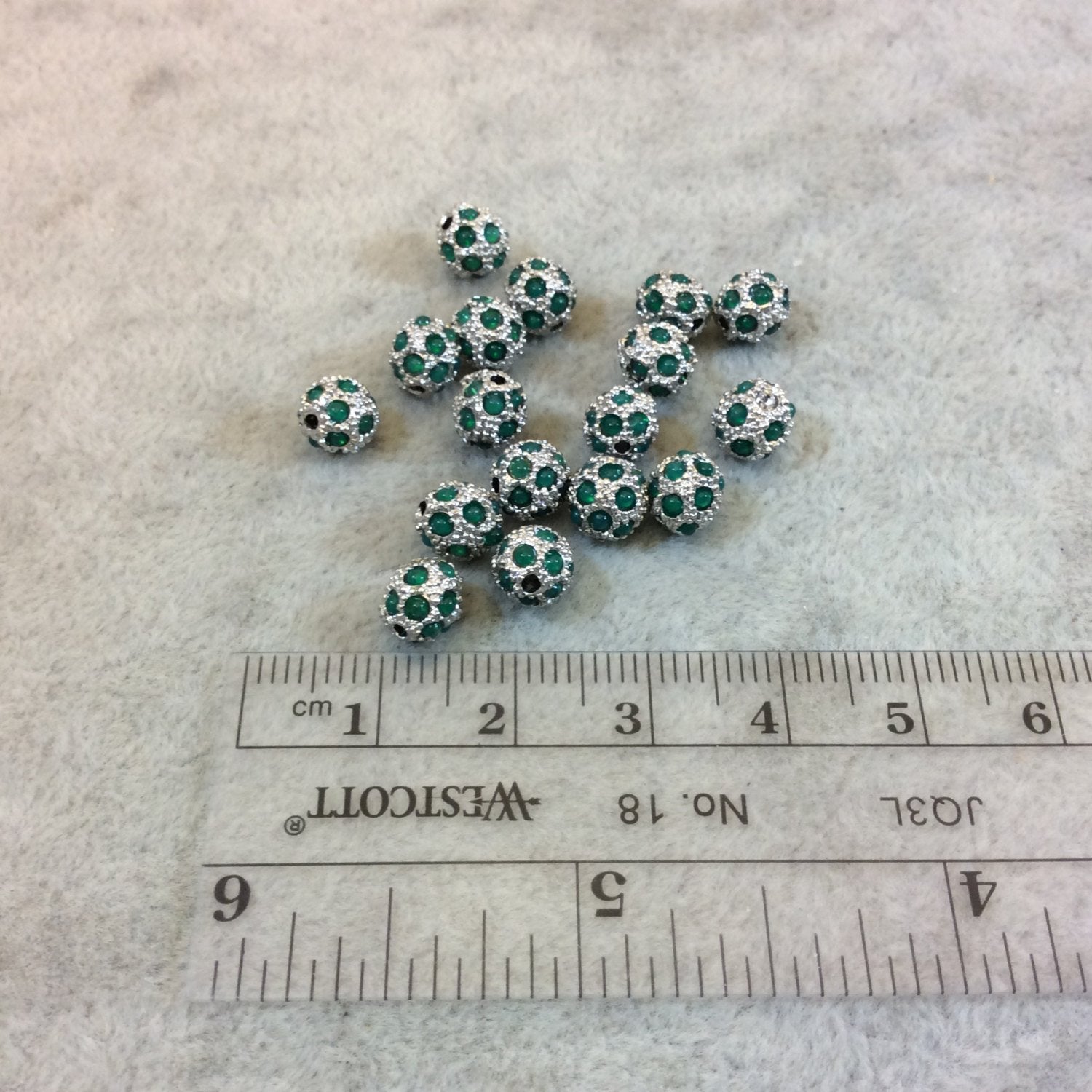 6mm Pave Style Green Glass Encrusted Silver Plated Round/Ball Shaped Beads with 1mm Holes - Sold Individually - Elegant Metal Beads