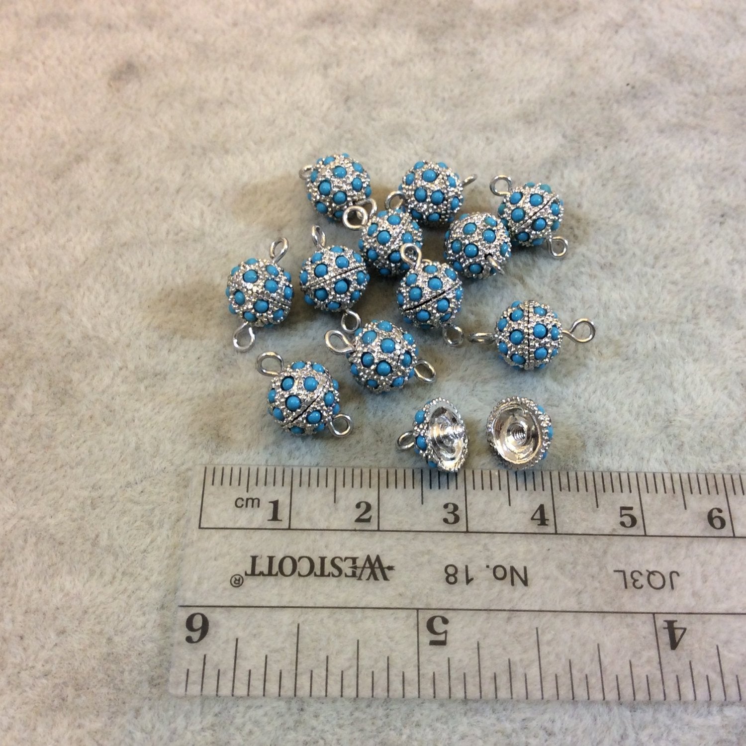 9mm Pave Style Turquoise Howlite Encrusted Silver Plated Round/Ball Shaped Threaded Twist Clasps- Sold Individually - Elegant and Classy