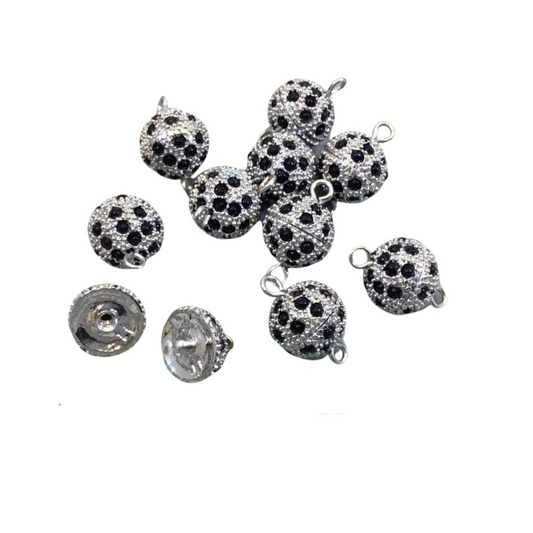 11mm Pave Style Jet Black Glass Encrusted Silver Plated Round/Ball Shaped Threaded Twist Clasps- Sold Individually - Elegant and Classy