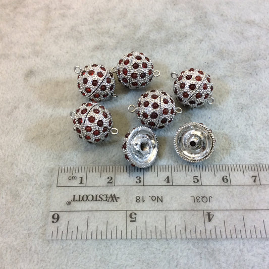 15mm Pave Style Red Glass Encrusted Silver Plated Round/Ball Shaped Threaded Twist Clasps- Sold Individually - Elegant and Classy