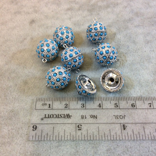 15mm Pave Style Turquoise Howlite Encrusted Silver Plated Round/Ball Shaped Threaded Twist Clasps- Sold Individually - Elegant and Classy