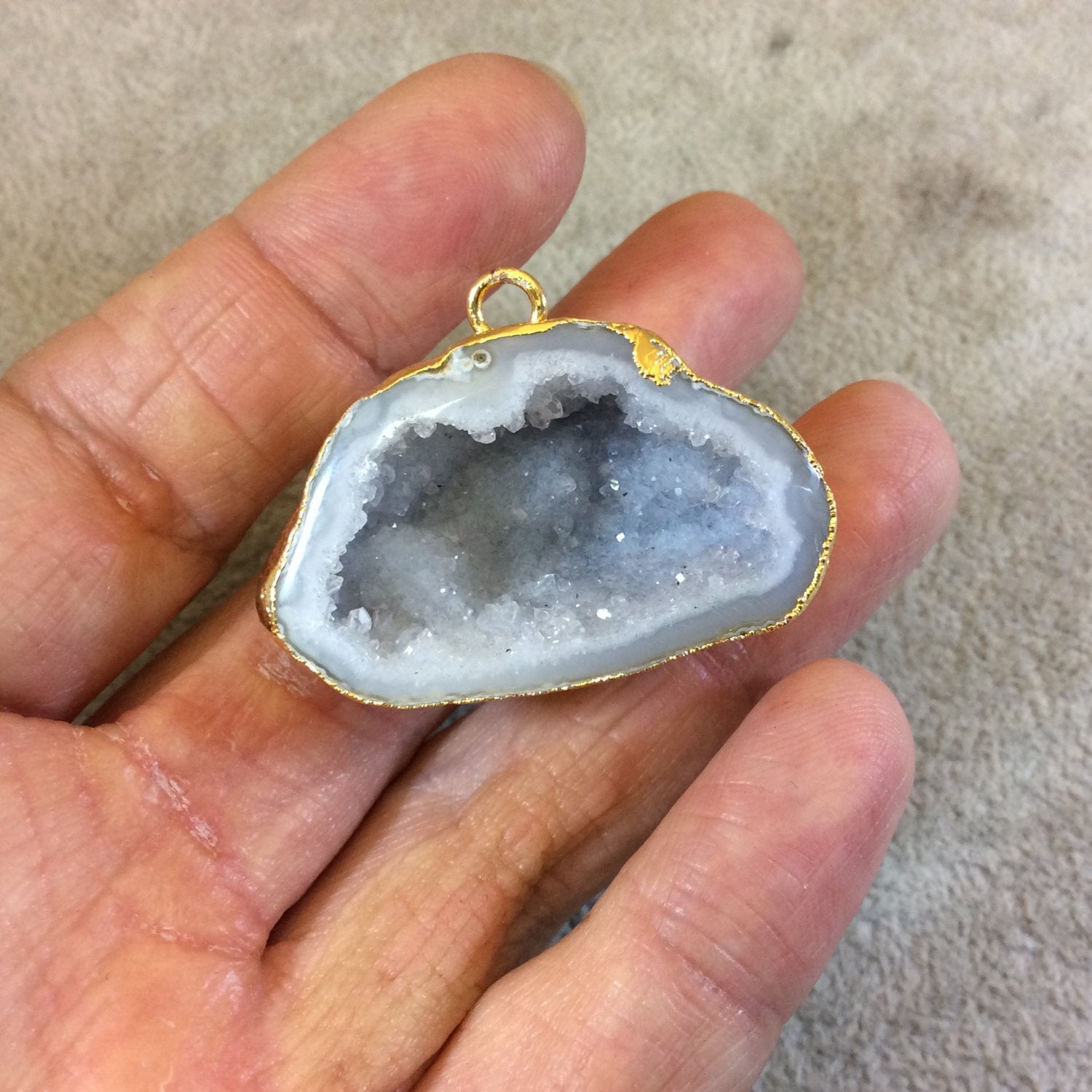 OOAK Large Gold Electroplated Light Gray Druzy Geode Agate Freeform Shaped Unique Focal Pendant - Measuring 39mm x 25mm Approximately