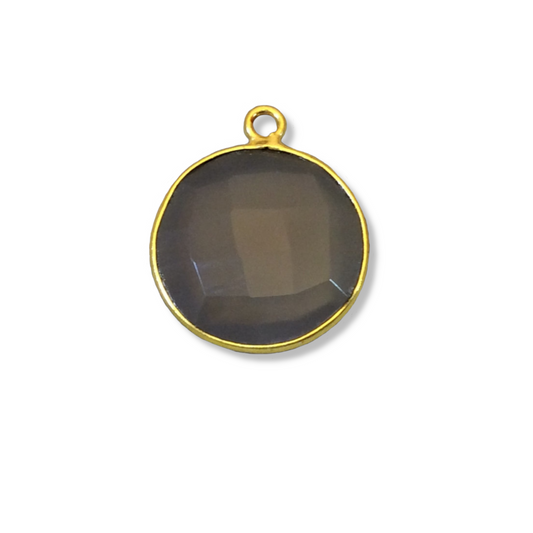 Gold Plated Faceted Natural Semi-Opaque Gray Chalcedony Round/Coin Shaped Bezel Pendant - Measuring 18mm x 18mm - Sold Individually