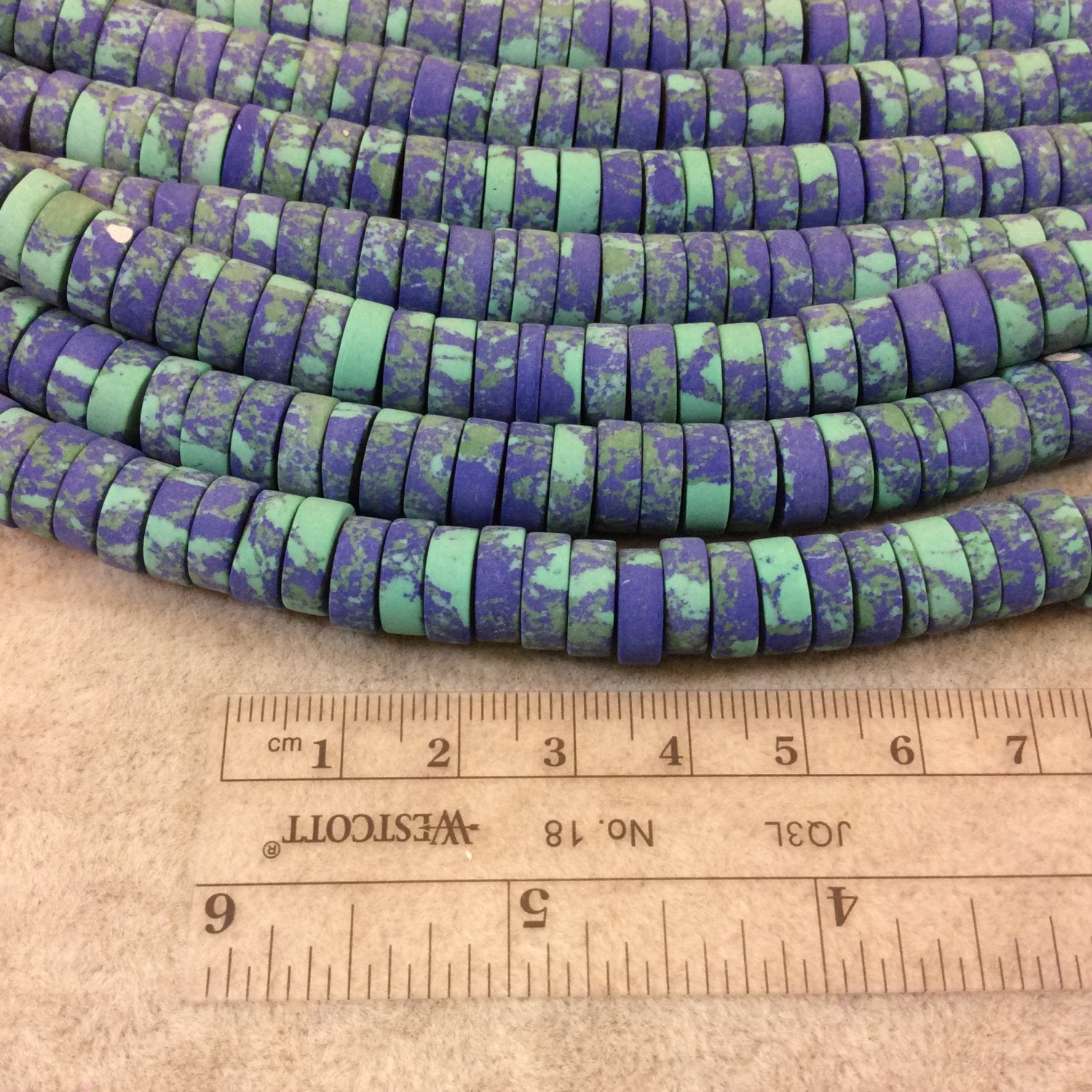 3-5mm x 10mm Synthetic Malachite/Azurite (Manmade) Matte Heishi Beads w/ 2.5mm Holes - 7.75" Strand (Approx. 45-55 Beads) - LARGE HOLE BEADS