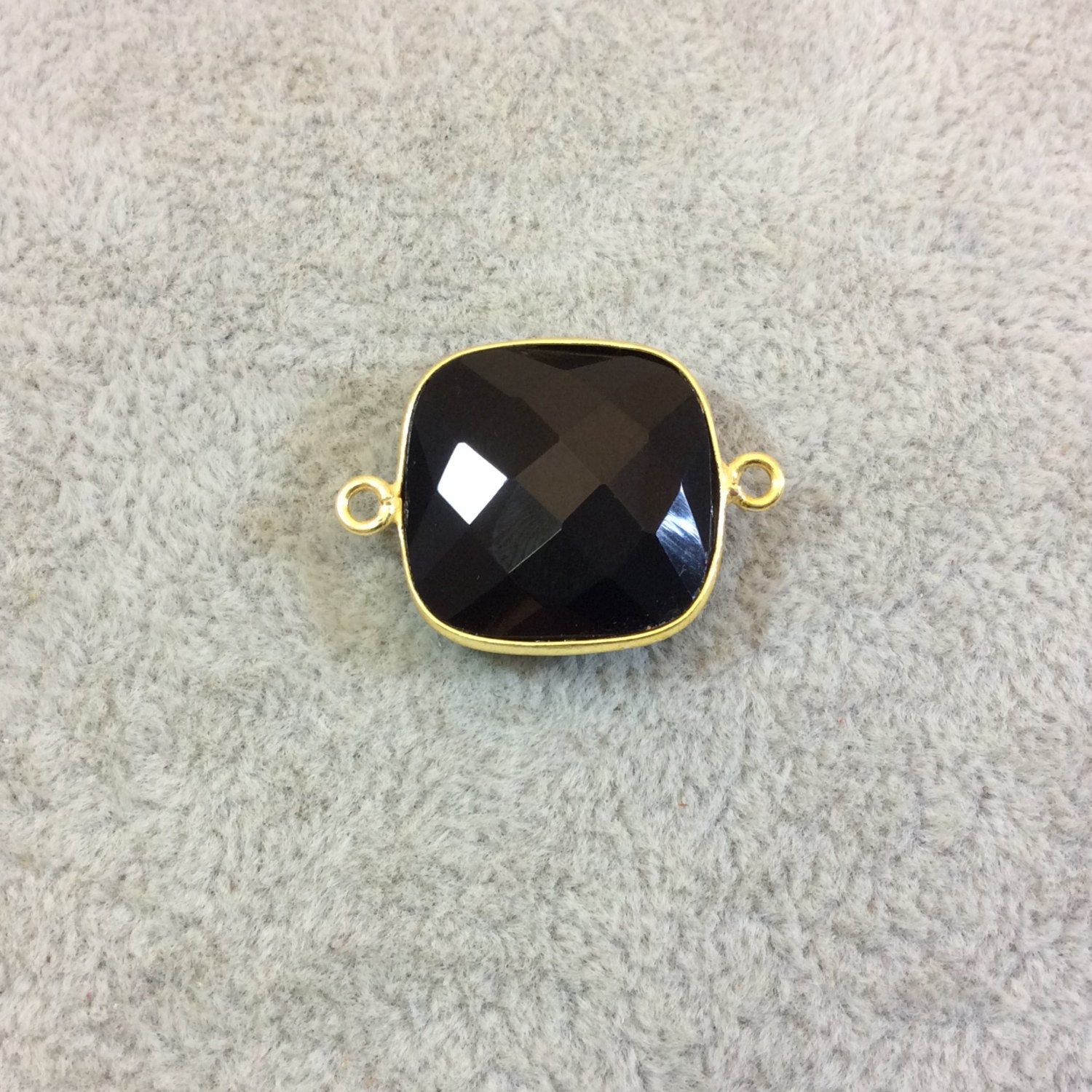 Gold Plated Faceted Hydro (Lab Created) Jet Black Onyx Square Shaped Bezel Connector - Measuring 18mm x 18mm - Sold Individually