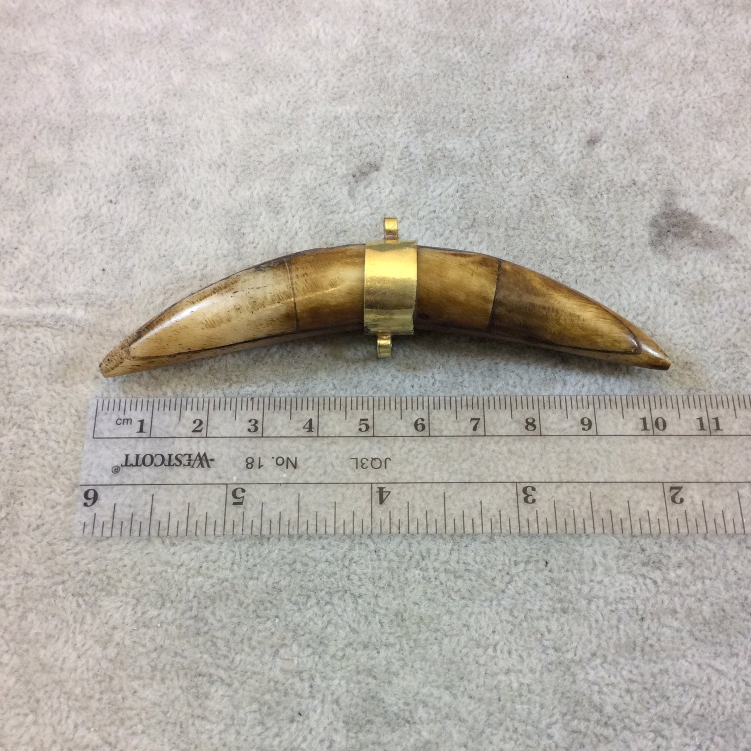 4" Light Brown Thick Banana Crescent Shaped Natural Ox Bone Pednant with Gold Top/Bottom Bail - Measuring 18mm x 112mm - (TR113-BR)