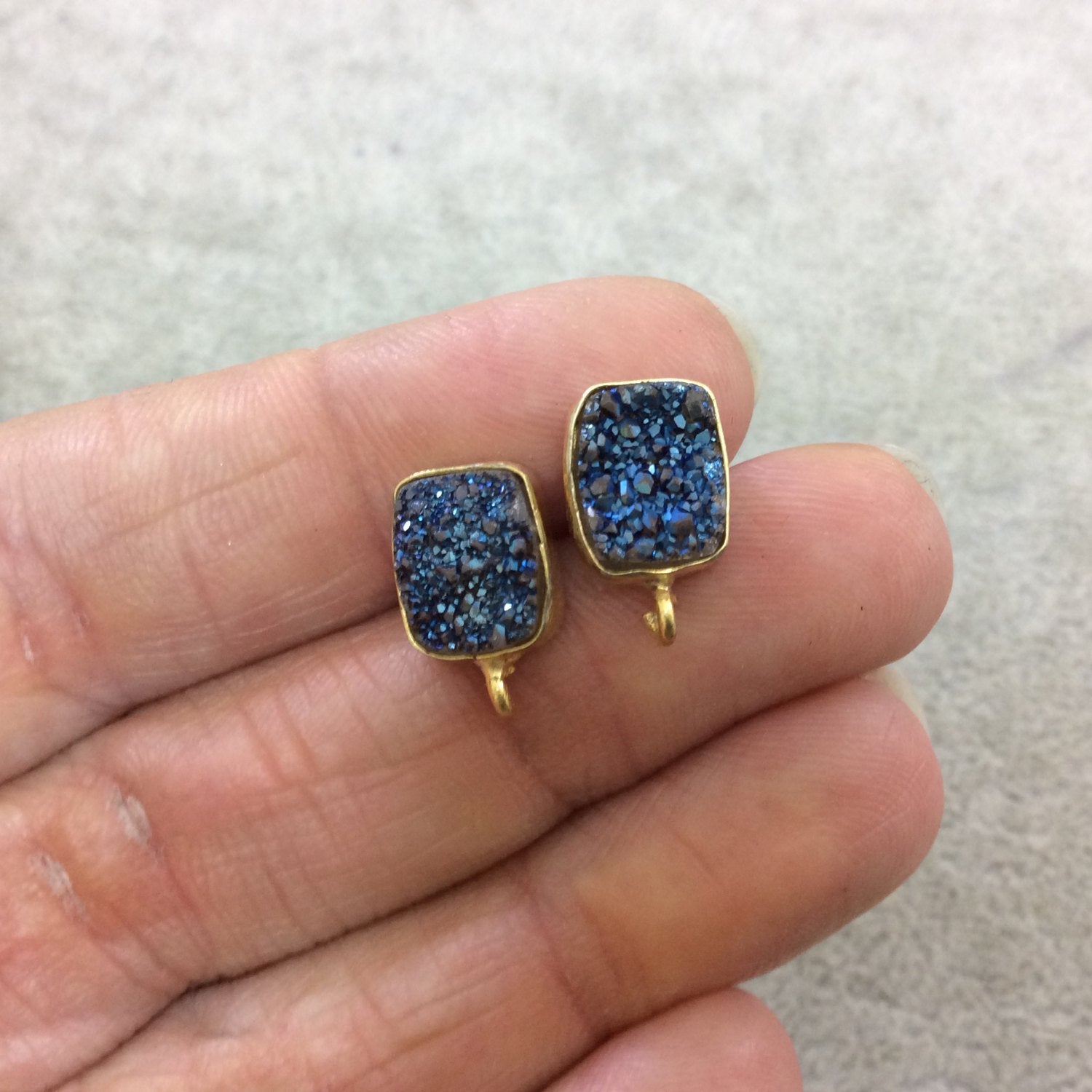 One Pair of Blue Color Coated Natural Druzy Rectangle Shaped Gold Plated Stud Earrings with Attached Jump Rings - Measuring 9mm x 11mm