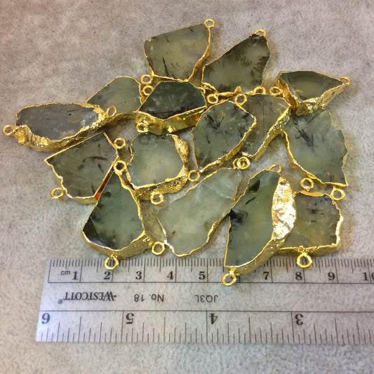 Medium Sized Gold Plated Natural Raw Prehnite Freeform Slab Shaped Connectors - Measuring 20mm x 30mm, Approx. - Sold Individually, Random