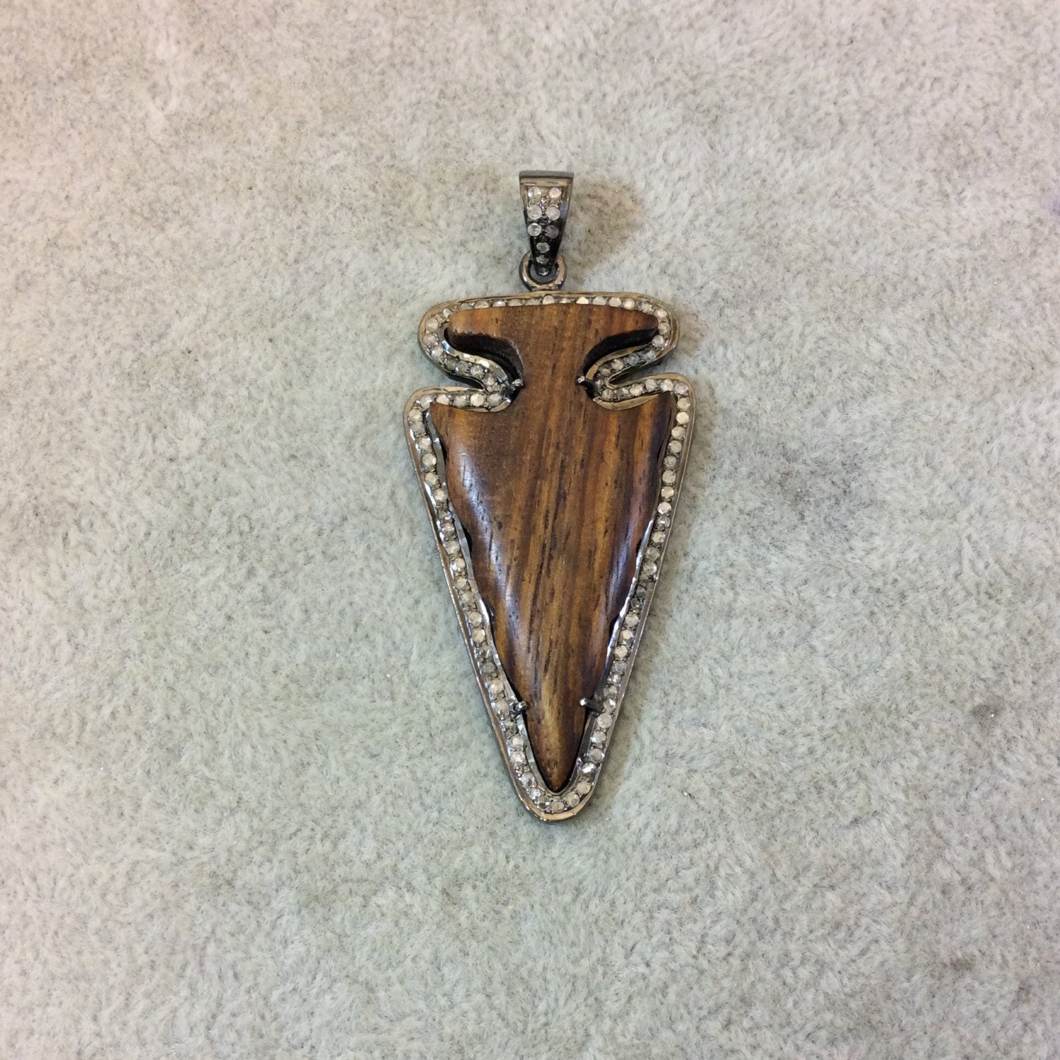 Genuine Pave Diamond Encrusted Gunmetal Plated Sterling Silver and Wood Arrowhead Pendant - Measuring 29mm x 51mm, Approx. - 0.85 carats