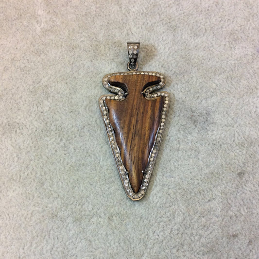 Genuine Pave Diamond Encrusted Gunmetal Plated Sterling Silver and Wood Arrowhead Pendant - Measuring 29mm x 51mm, Approx. - 0.85 carats