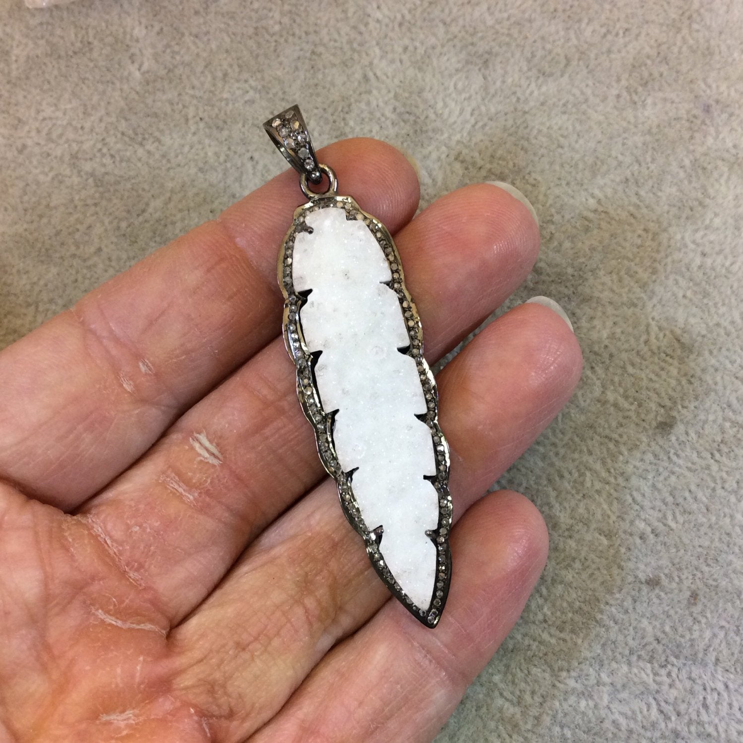 Genuine Pave Diamond Encrusted Gunmetal Plated Sterling Silver and White Druzy Leaf/Feather Pendant - Measuring 17 x 55mm, Approx. - .63 cts