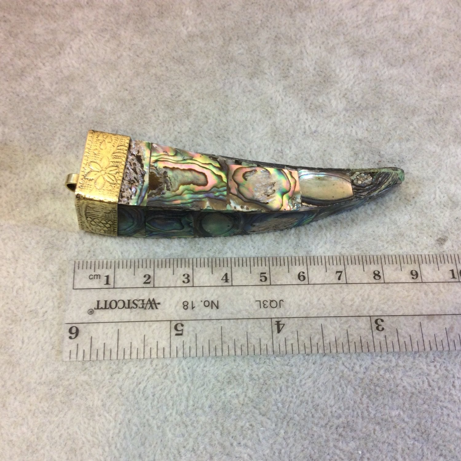 SALE - 3.5" Iridescent Rainbow Square Sided Tusk/Claw Shaped Natural Abalone Pendant with Floral Cap - Measuring 20mm x 87mm - (TR35RBSQAB)