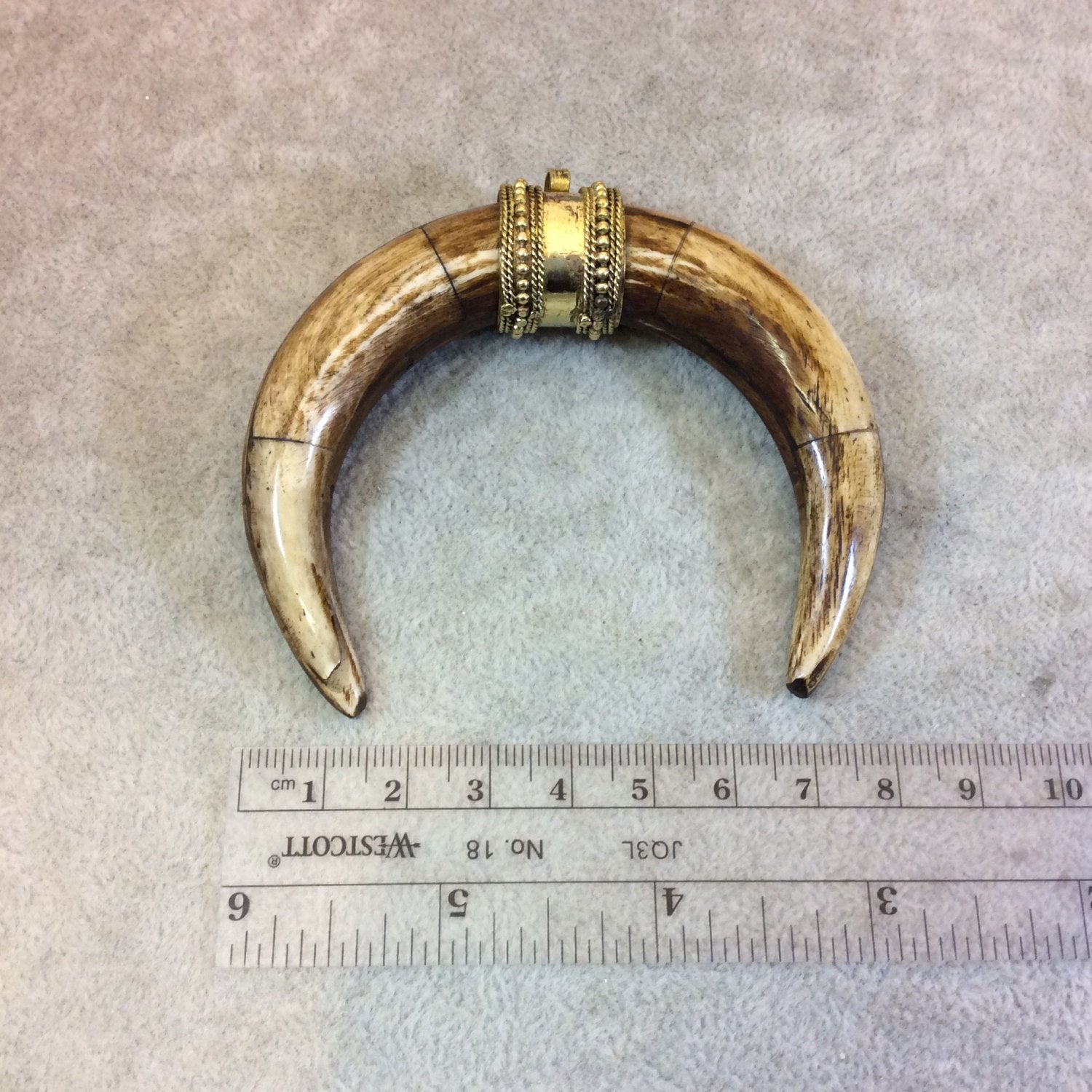 3.25" Medium Brown Pointed Double Ended Crescent Shaped Natural Ox Bone Pendant with Fancy Gold Bail - Measuring 83mm x 74mm - (TR086-MB)