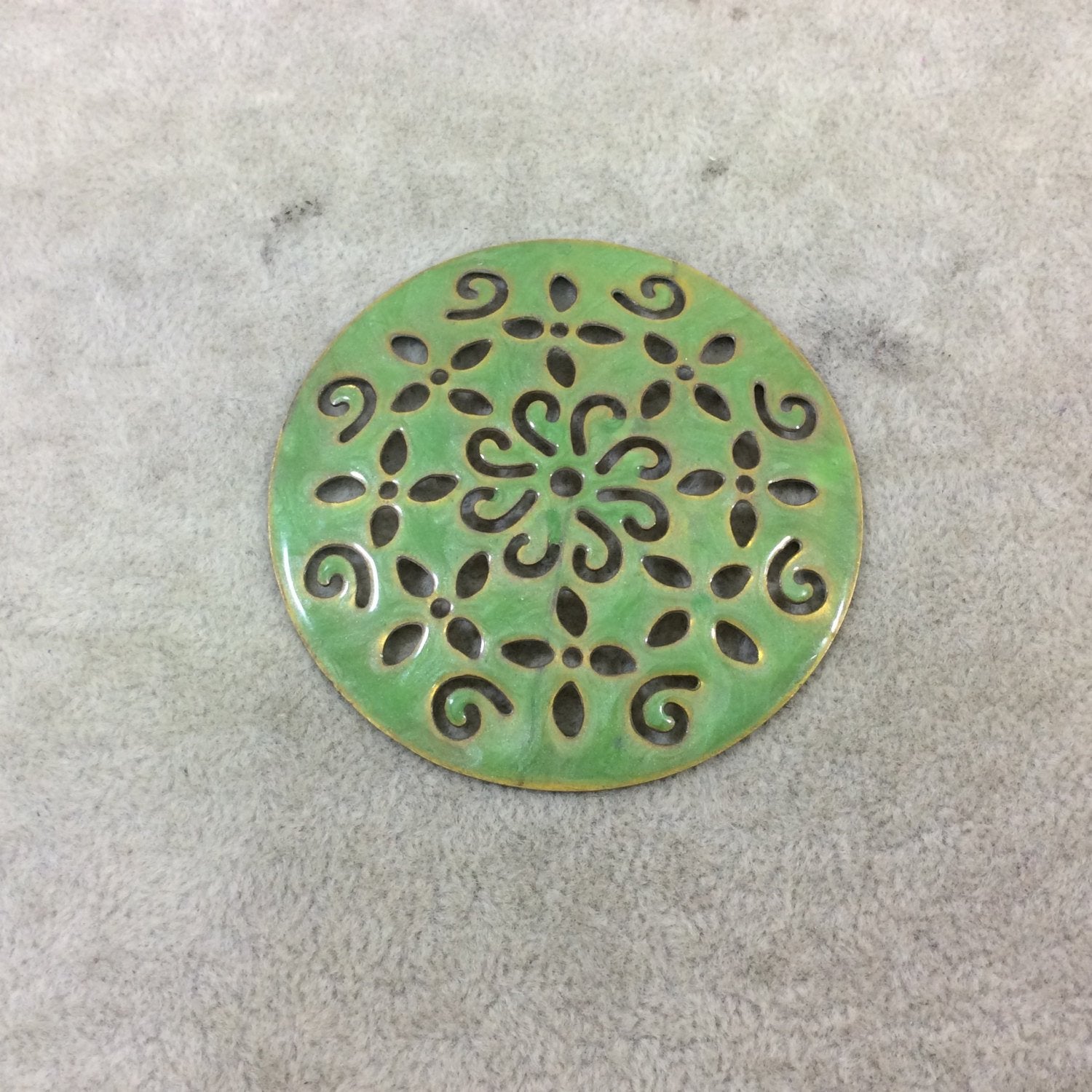 DISC 2.5" Lightweight Lime Gold Plated Green Enamel Coated Mandala Shaped Copper Pendant  - Measuring 62mm x 62mm, Approx.